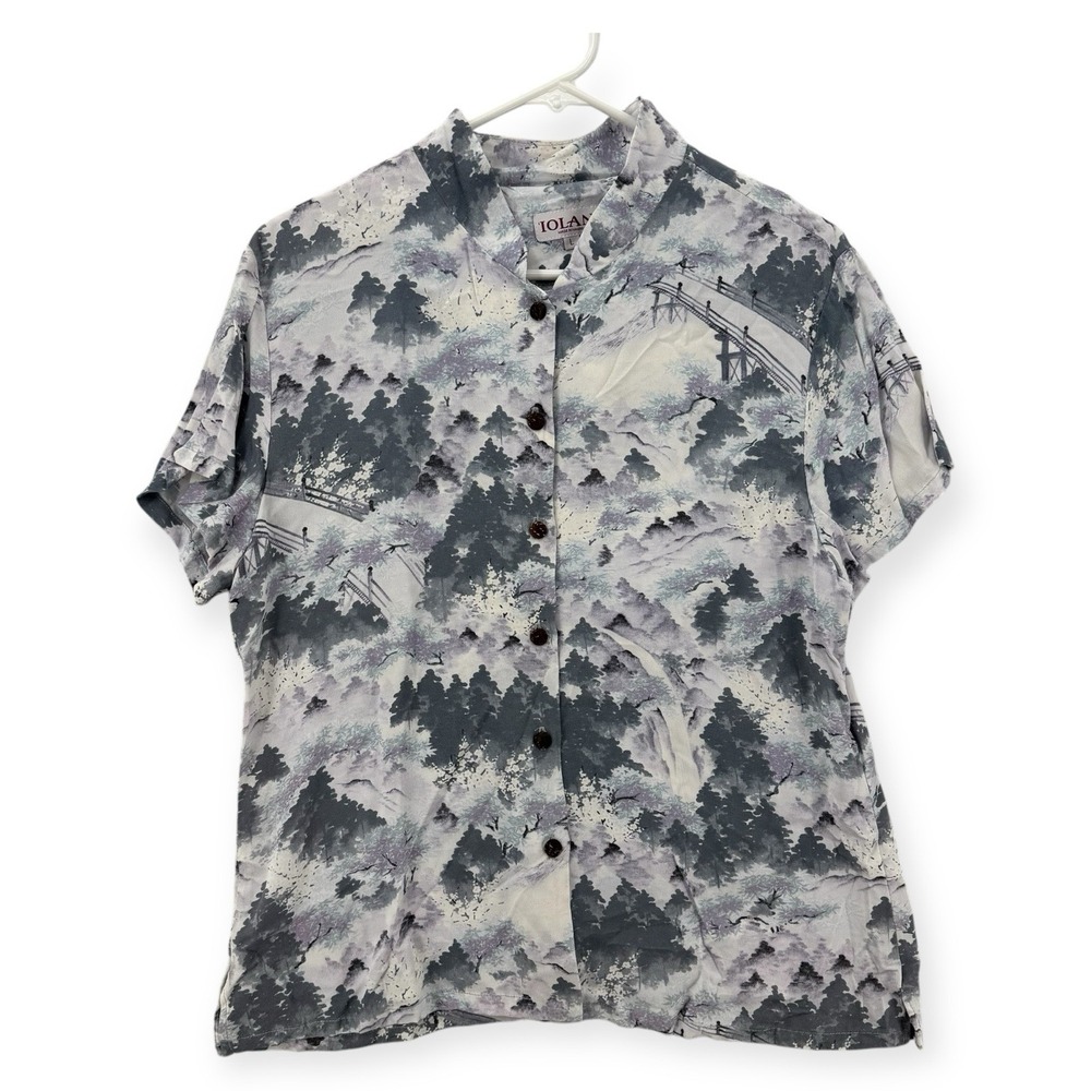 Iolani Hawaiian Shirt Womens Large Gray Scenic Rayon Mandarin Collar Blouse